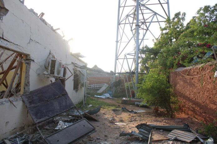 In this photo provided by Hormuud Telecom, the telecom company's site in Saakow is damaged by an airstrike on Friday night 16 June, 2023.