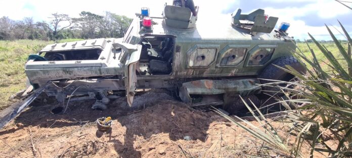 Kenyan military vehicle damaged in recent attack in Lamu, Kenya.