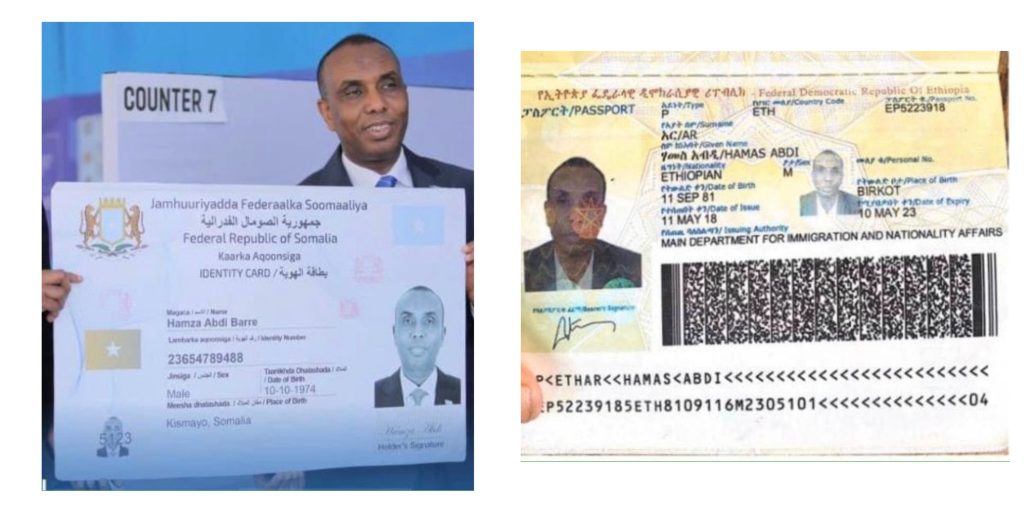 (Left) Somali national ID card showing Hamze's birth date and place in Somalia, and (right) Ethiopian passport showing different date of birth and place in Ethiopia.