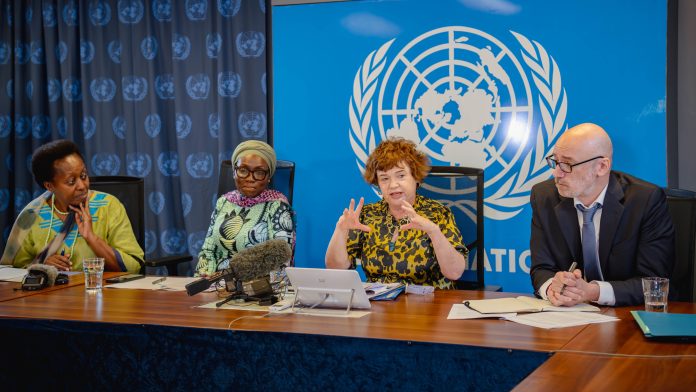 UN Secretary-General’s Special Representative for Somalia, Catriona Laing (centre) and her deputies speak during a press conference in Mogadishu on Wednesday. | PHOTO/UNSOM.