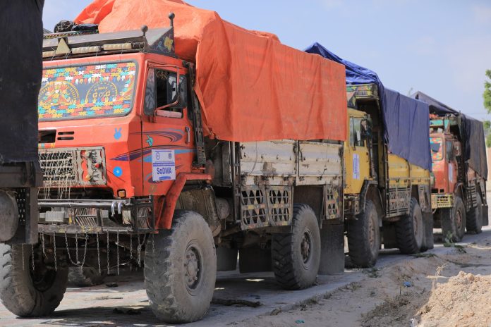 Photo: Trucks seen carrying food aid to Middle Shabelle on Friday, 15 December 2023. Now community members claim the food aid is nowhere to be found.