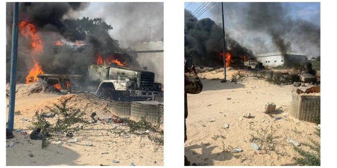 Hormuud Telecom's fuel tanker left into flames after bomb attack in Mogadishu on Monday