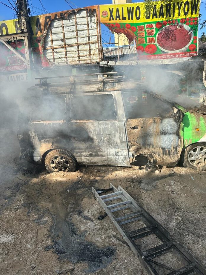 Remnants of the Toyota Noah, the vehicle carrying Hormuud employees, shattered by a bomb explosion last Saturday in the Huriwa neighborhoods of Mogadishu.