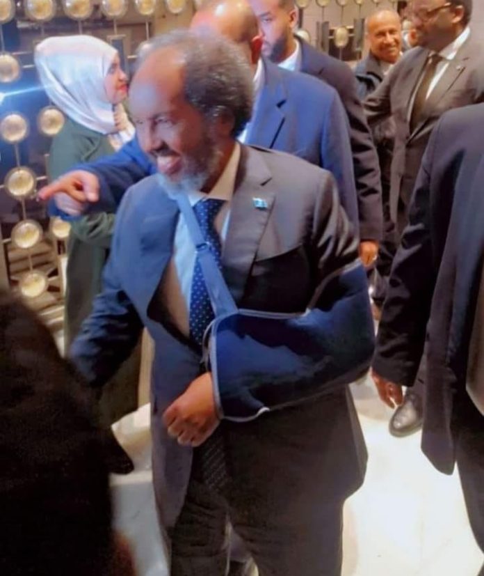 President Hassan was first seen carrying sling on his left arm after the surgery in Dubai, UAE hospital on 9 November, 2023.