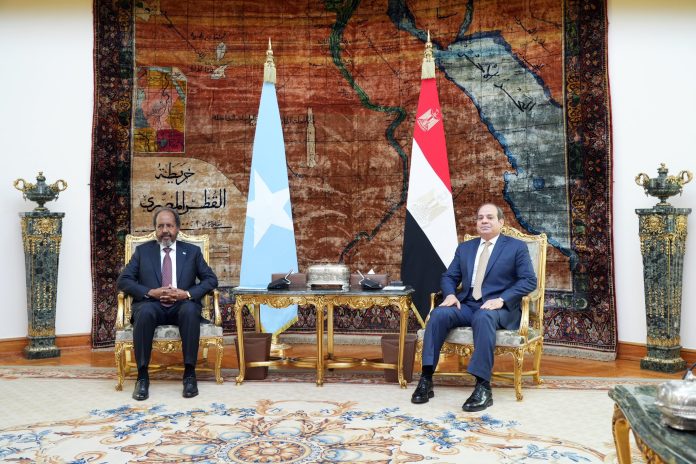 Egyptian president Abdel Fattah Elsisi meets Somalia president Hassan Sheikh Mohamud in Cairo on Sunday.