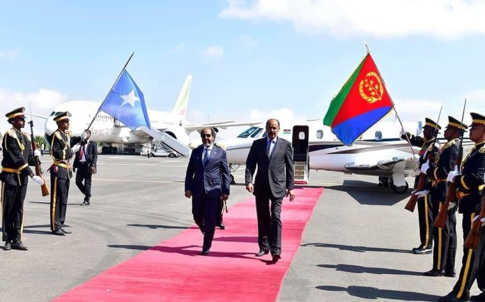 Somali president Hassan Sheikh arrives in Asmara Airport on Monday where he was received by Eritrean president Isias Afwerki.