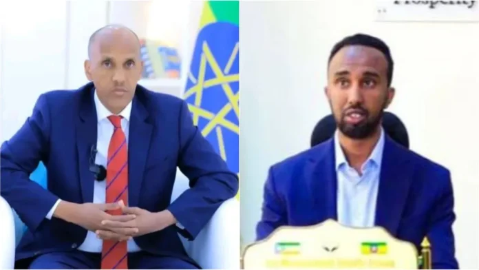 Mustafe Mohamed, president of Somali region (left) Engineer Mohamed Shale, head of Somali Prosperity Party (right) (Photo:ENA)