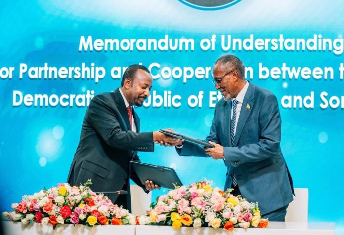 Somaliland president, Muse Bihi Abdi sign a Memorandum of Understanding with Ethiopian Prime Minister, Abiy Ahmed Ali, on Monday in Addis Ababa, Ethiopia. | PHOTO/ OFFICIAL.