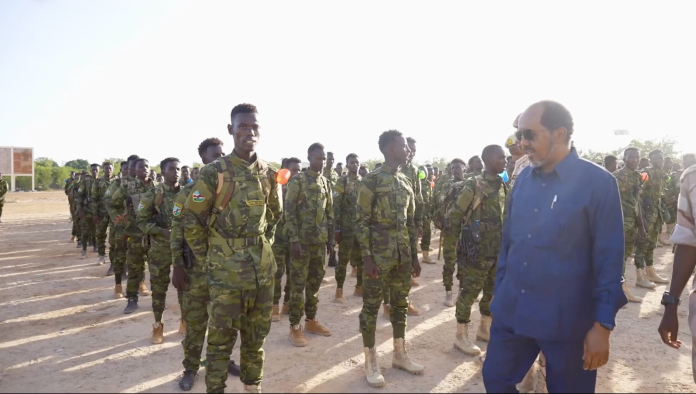 President Hassan Sheikh visits the General Gordon camp in May 2023. On Saturday Feb. 10, 2024, a Somali soldier shot dead at least 6 officers, including 4 UAE military officers in the camp.