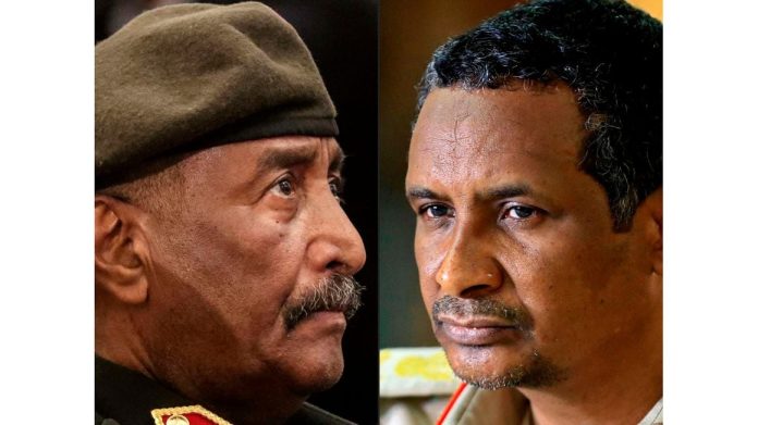 Sudan's warring generals, army chief Abdel Fattah al-Burhan (L) and RSF commander, General Mohamed Hamdan Daglo 'Hemedti'. PHOTO | ASHRAF SHAZLY | AFP.