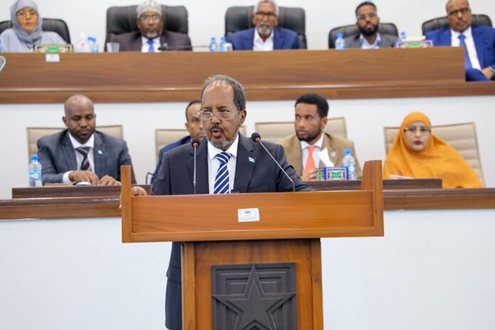 Somali president, Hassan Sheikh Mohamud addressing parliament in November, 2022.