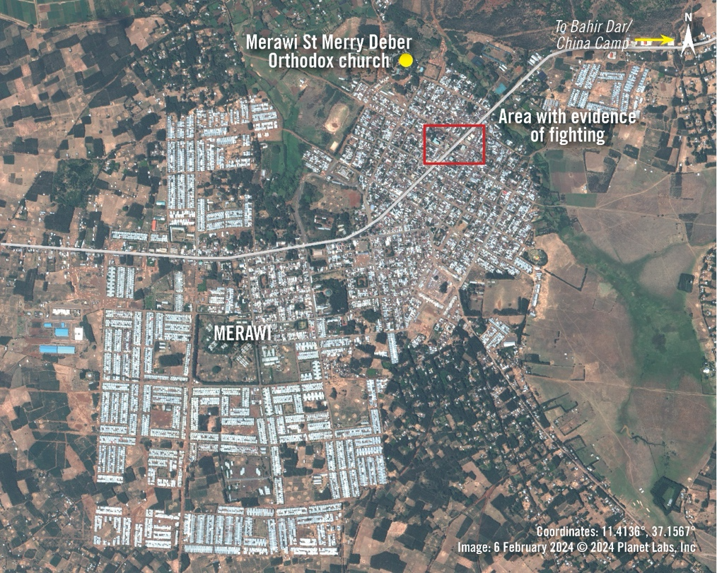 An overview map of Merawi shows the church and area where evidence of fighting was found. | Amnesty International.