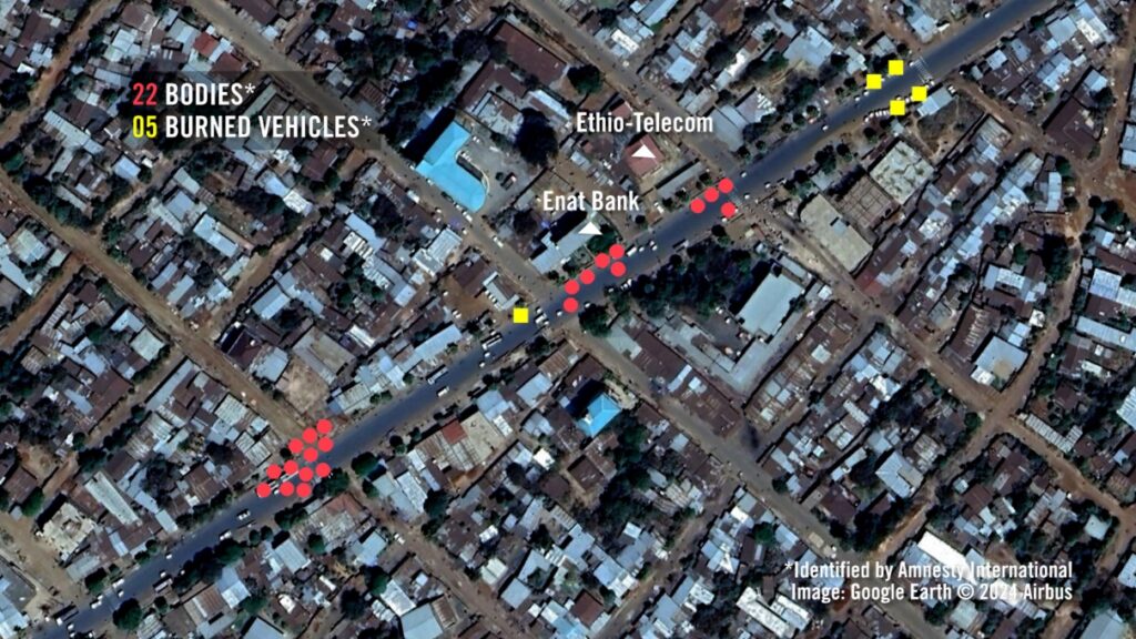 Footage verified by Amnesty’s Evidence Lab showed 22 bodies (marked in red circles) and burned vehicles (marked in yellow squares) on Merawi's main road. Burn marks from the destroyed vehicles can also be seen on the road in the satellite imagery from 6 February 2024. | Amnesty International.