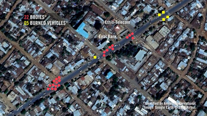 Footage verified by Amnesty’s Evidence Lab showed 22 bodies (marked in red circles) and burned vehicles (marked in yellow squares) on Merawi's main road. Burn marks from the destroyed vehicles can also be seen on the road in the satellite imagery from 6 February 2024. | Amnesty International.