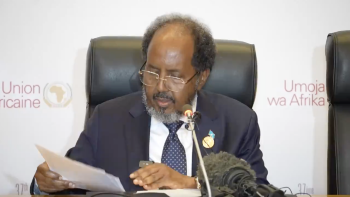 Hassan Sheikh Mohamud during a press briefing in Addis Ababa, Ethiopia where he accused Ethiopia of blocking his delegation from attending the African Union Summit.