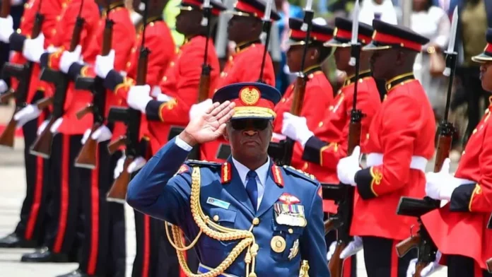 PHOTO: Chief of Kenya Defence Forces General Francis Ogolla (C) gestures as Britain's King Charles III (unseen) and Kenyan President William Ruto (unseen) arrive at the tomb of the Unknown Warrior during a wreath laying ceremony at Uhuru Gardens in Nairobi on October 31, 2023.