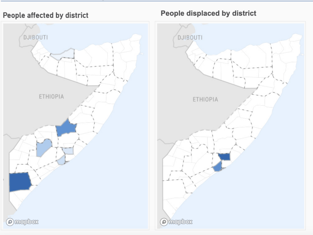 Affected regions and districts by flooding in Somalia. | Source: UN OCHA Data.