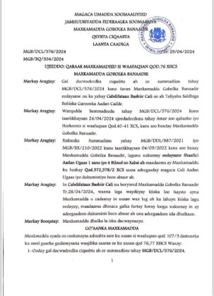 On April 29, 2024, the Banadir Regional Court chairman disowned Judge Sakariye's summoning and issued a counterorder halting the case against Captain Abdifatah Bashir Ali.