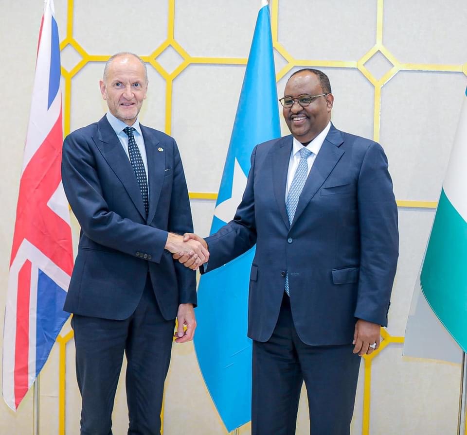 British Ambassador to Somalia Mike Nithavrianakis met President Said Abdullahi Deni in Garowe during his visit to Garowe on 4 May, 2024. | Photo/ Courtesy UK Embassy via Kaab TV.