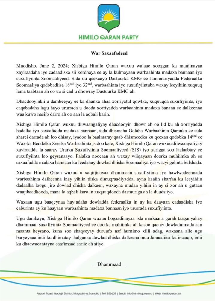 War Saxaafadeedka Himilo Qaran.