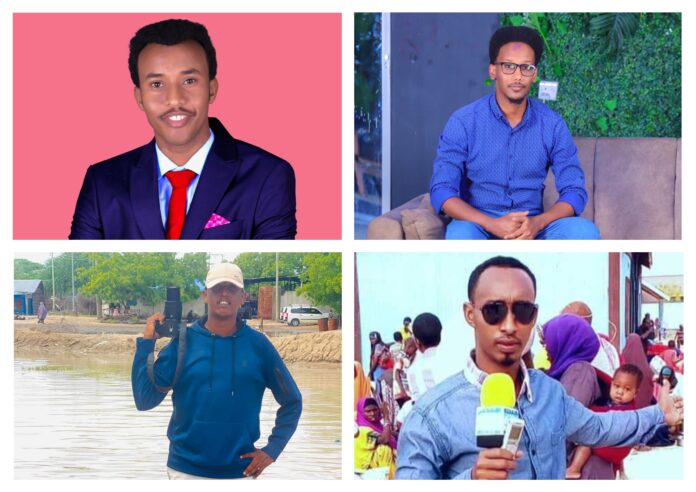 From top left: Garowe-based freelance journalist Mohamed Salah; journalist Said Abdullahi Kulmiye, based in Galkayo; and Jubbaland-based journalists Sharma'arke Abdi Mahdi and Abdinur Hayi Hashi. | PHOTO/SJS.