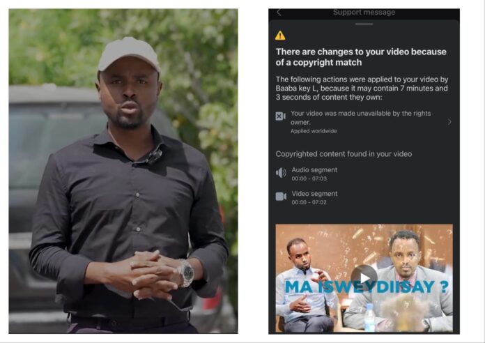 (Left) State media journalist Abdulkadir Isse and (right) a message from Facebook with a copyright claim regarding the journalist's recent report exposing the Deputy Minister of Information. | PHOTO/ Combined/SJS.