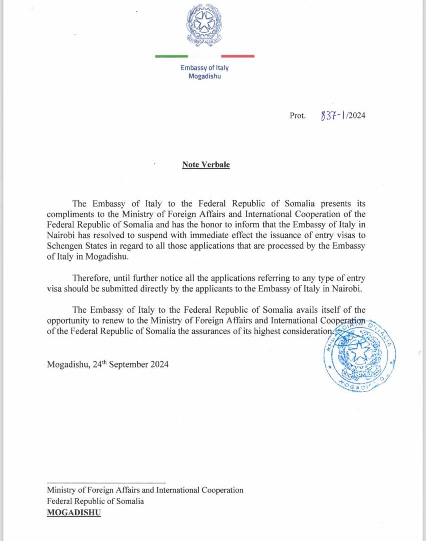 This move, which took effect on September 24, 2024, was communicated through an official note addressed to Somalia's Ministry of Foreign Affairs and International Cooperation.