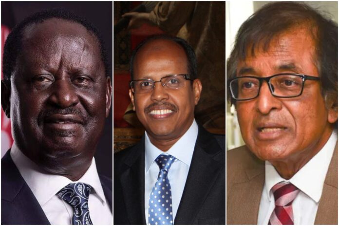 PICTURED: Among the front-runners for the Chairperson position is former Kenyan Prime Minister Raila Odinga (left), alongside Djibouti’s Foreign Minister Mahmoud Ali Youssouf (middle) and former Mauritian Foreign Minister Anil Gayan (left).