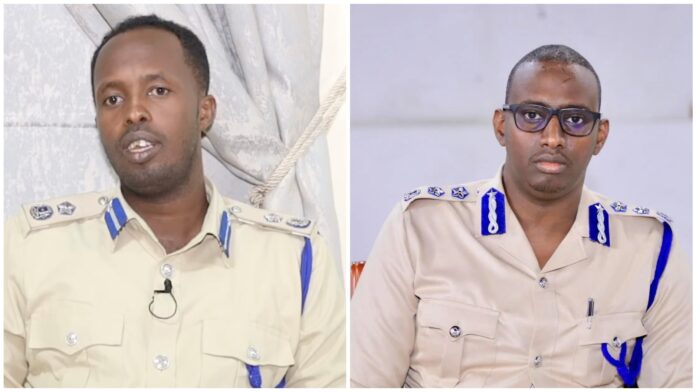 Yaasiin Ganey (sawirka bidix) oo ah taliyaha booliska saldhigga Galbeed ee degmada Dharkeenley ayaa qoysaska ku nool xeradan u sheegay inuu heysto amar uu soo siiyay Macallin Mahdi oo ah taliyaha booliska Gobolka Banaadir (sawirka midigta).