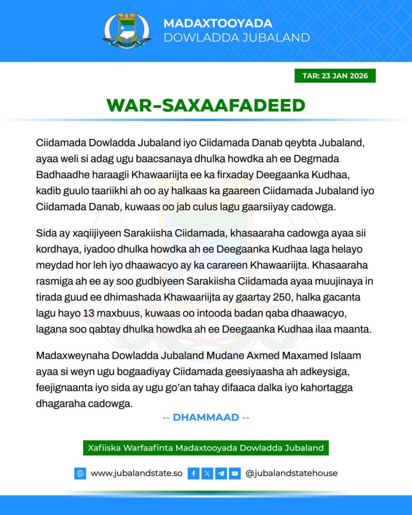 War saxaafadeed kasoo baxay Madaxtooyada Jubaland shalay oo Khamiis ahayd.